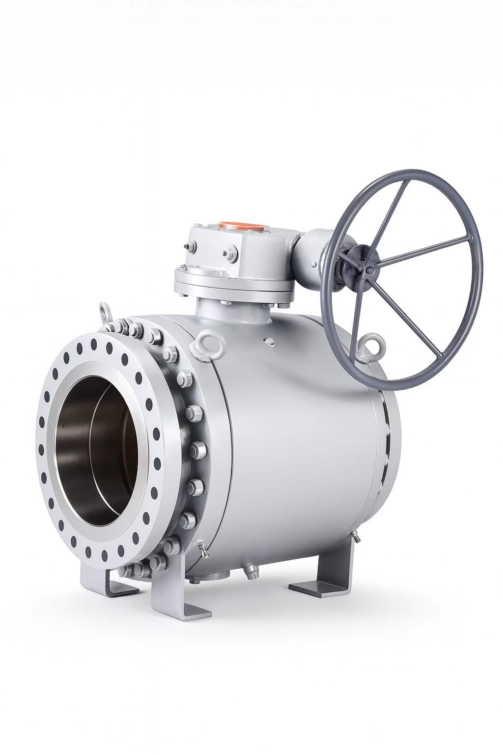 Heavy industrial valve with manual control wheel for fluid regulation, used in pipelines and process systems.