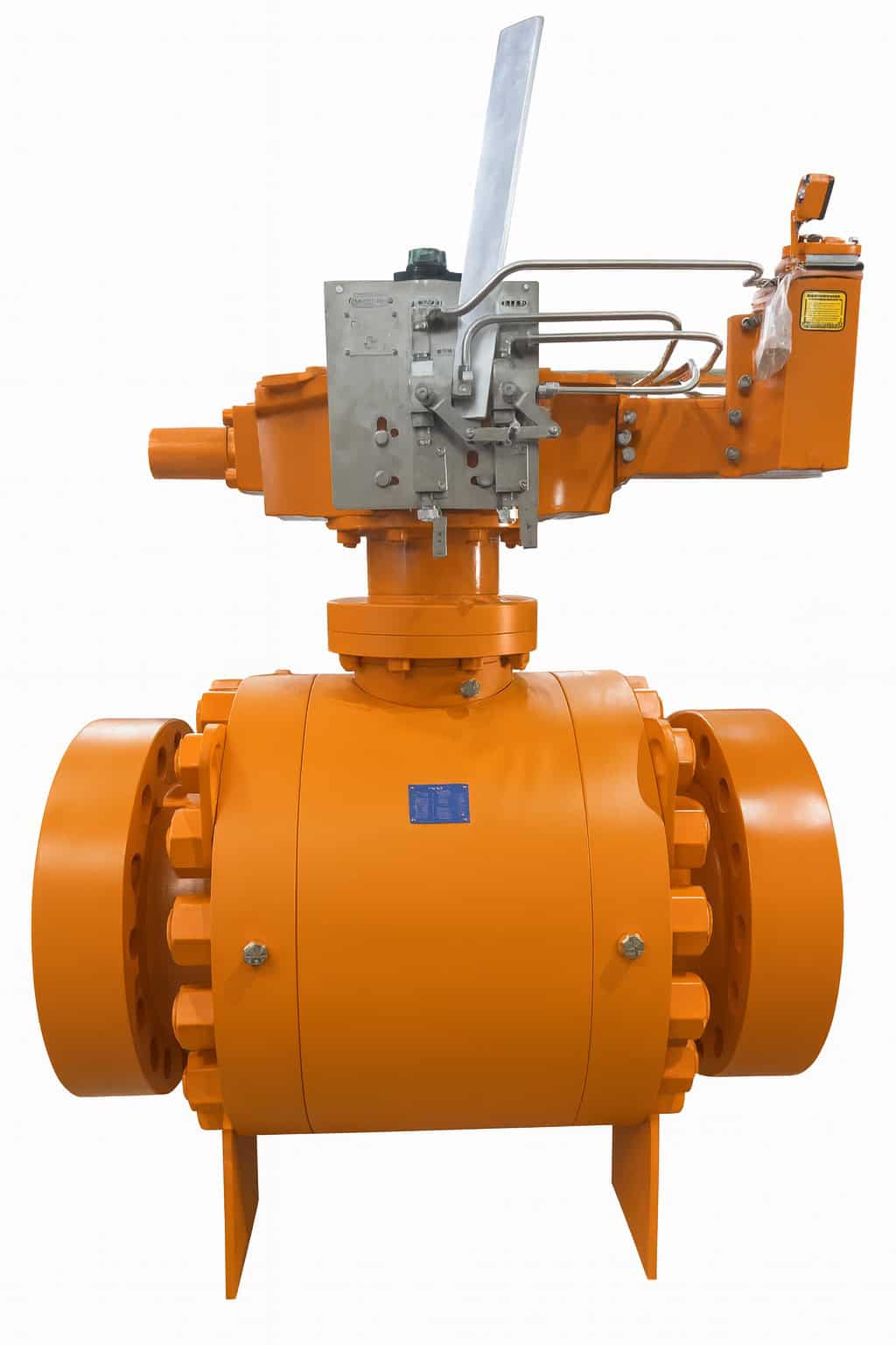 High-pressure industrial valve with orange coating and metal actuator for oil and gas applications.