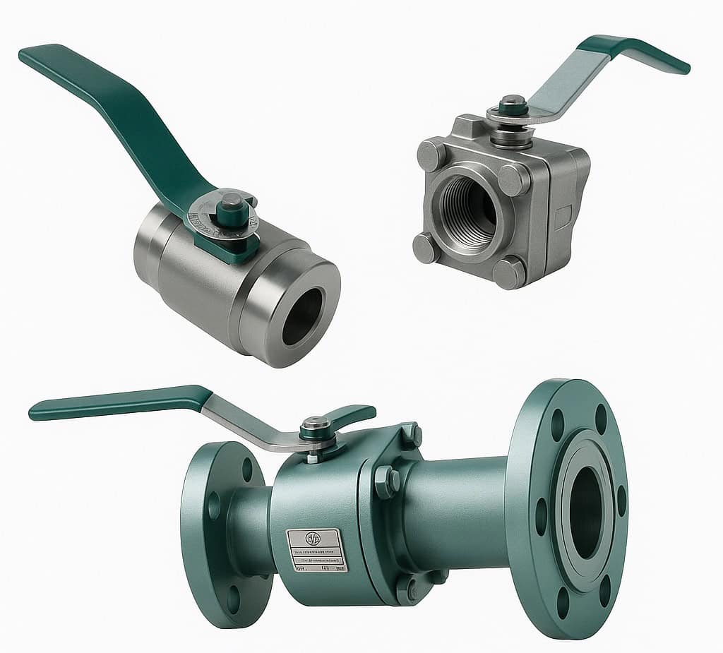 Stainless steel industrial ball valves with lever handles for precise flow control.