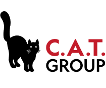 Black cat mascot sitting, representing C.A.T. Group logo for IVM branding.
