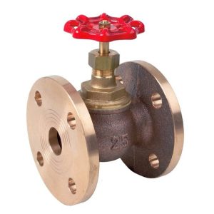 Industrial bronze valve with red wheel handle, flanged connection, for flow control.